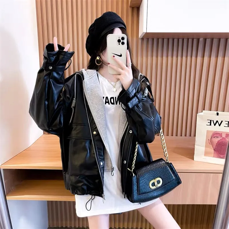 Lazy style stitching hooded fake two-piece coat for women 2023 Korean style autumn and autumn design loose leather jacket top (S