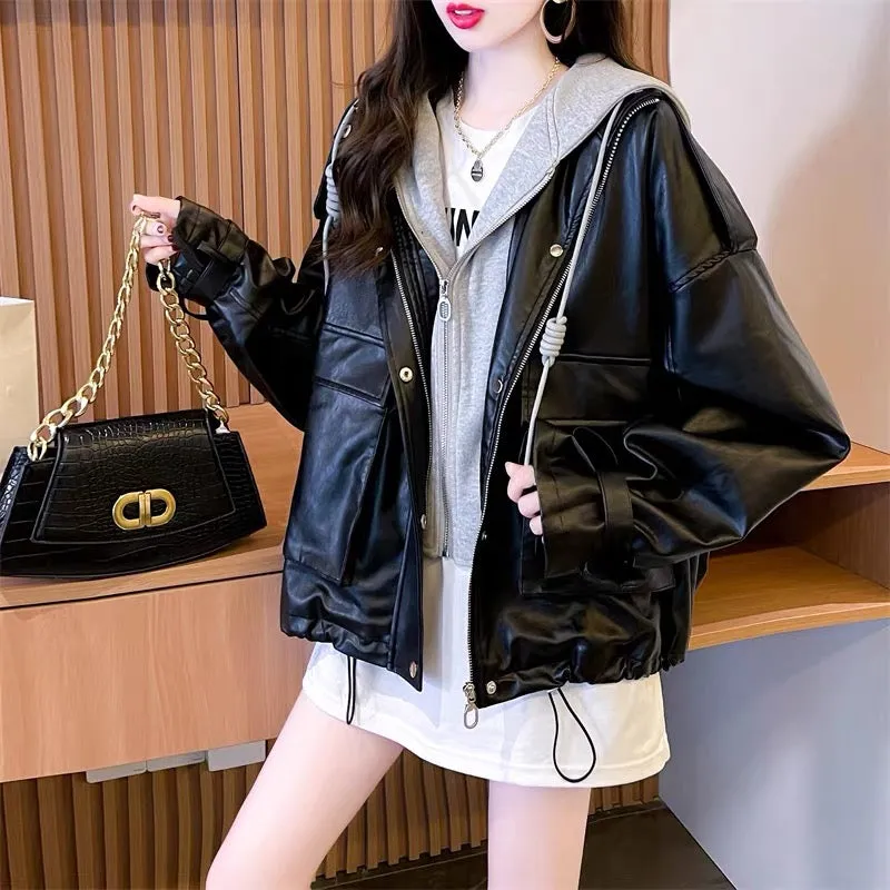 Lazy style stitching hooded fake two-piece coat for women 2023 Korean style autumn and autumn design loose leather jacket top (S