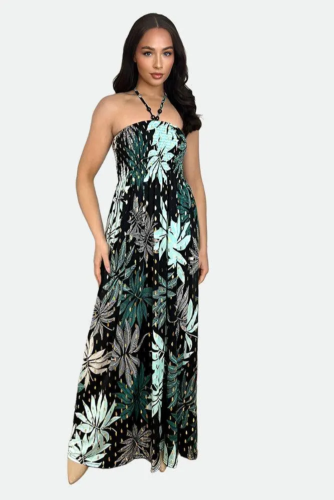 Leaves And Dots Print Shirred Bust Maxi Dress