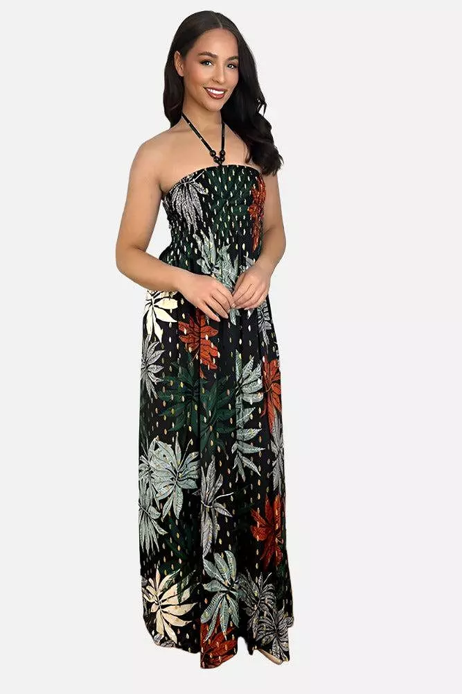 Leaves And Dots Print Shirred Bust Maxi Dress