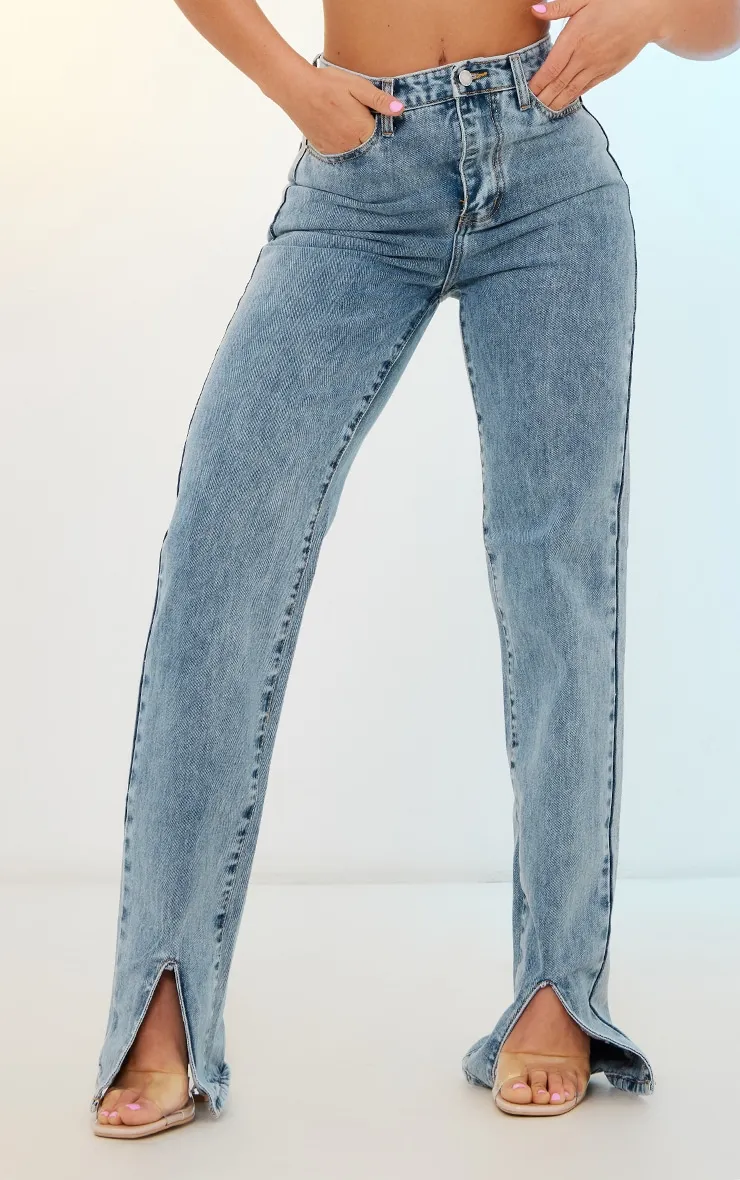 Light Blue Wash Split Long Leg Straight Jeans