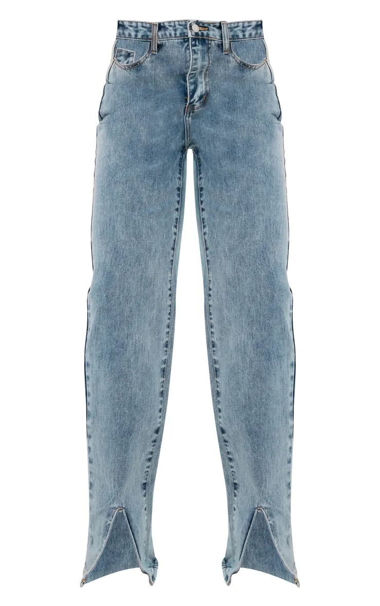 Light Blue Wash Split Long Leg Straight Jeans