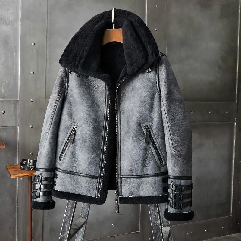 light grey shearling jacket mens with fur collar