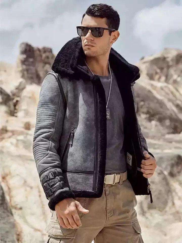 light grey shearling jacket mens with fur collar