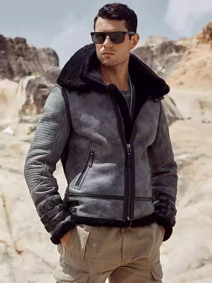 light grey shearling jacket mens with fur collar