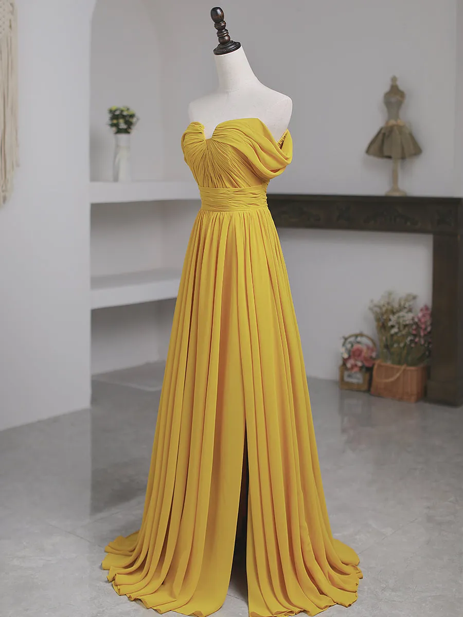 Light Yellow Chiffon Off Shoulder Sweetheart Long Party Dress, A-line Chiffon Prom Dress with Slit