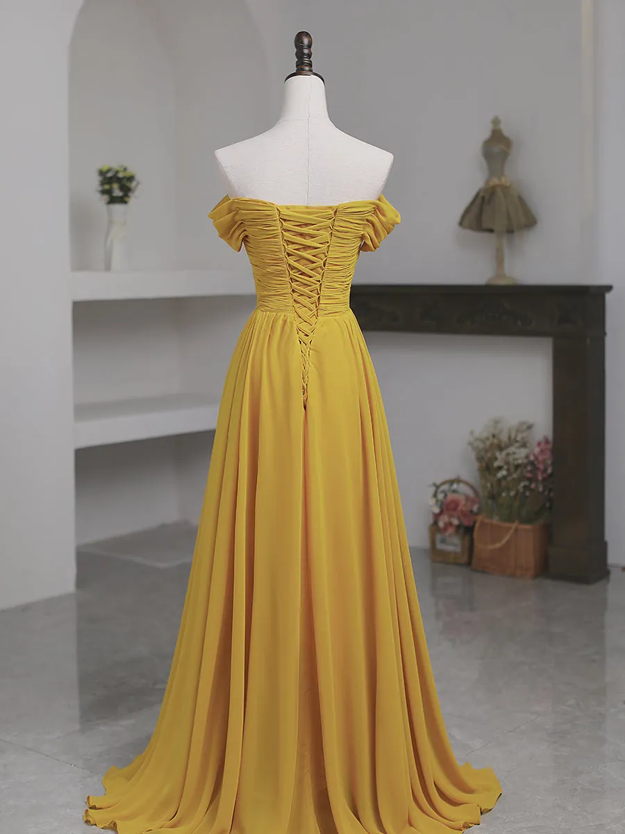 Light Yellow Chiffon Off Shoulder Sweetheart Long Party Dress, A-line Chiffon Prom Dress with Slit