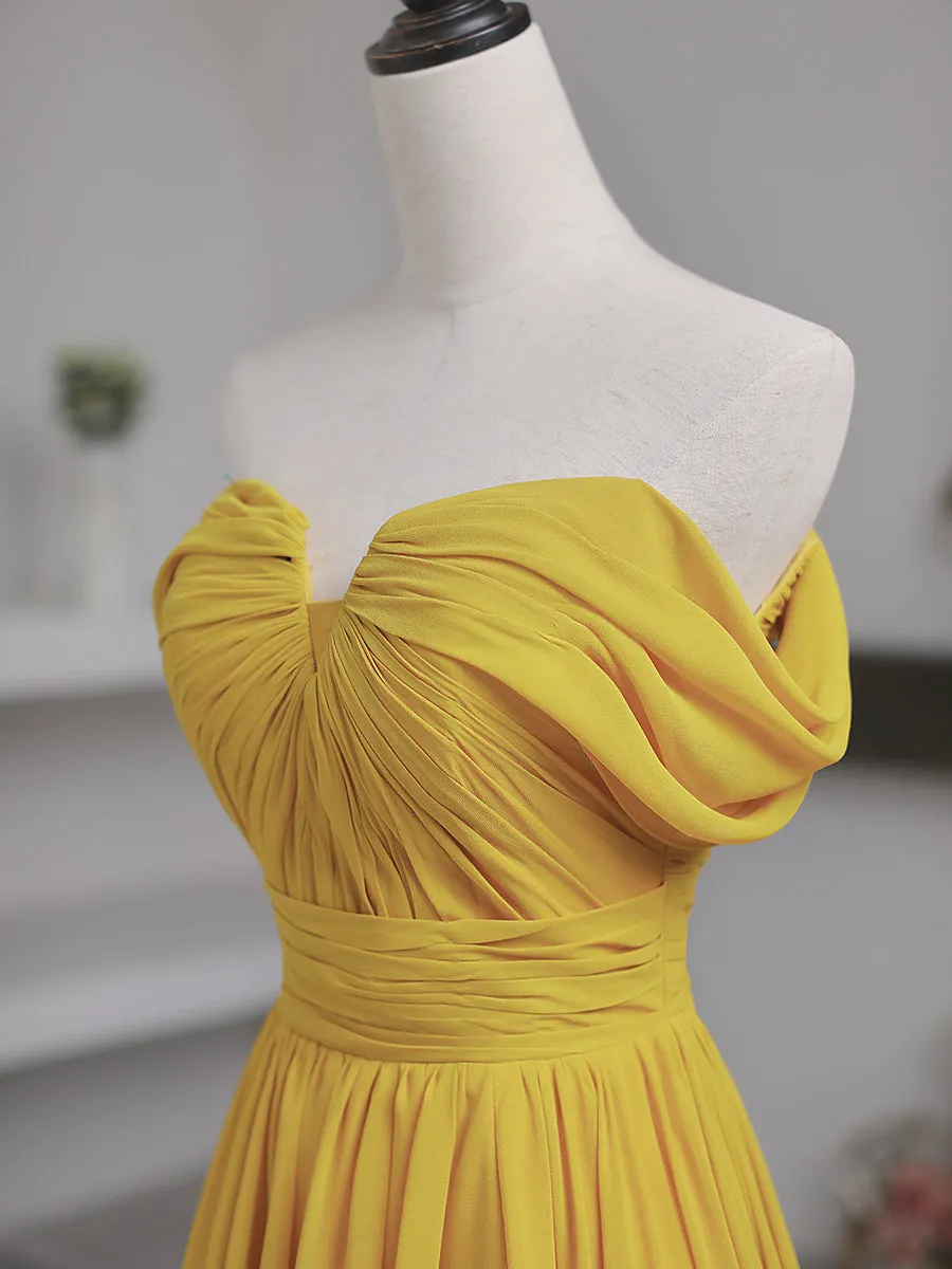 Light Yellow Chiffon Off Shoulder Sweetheart Long Party Dress, A-line Chiffon Prom Dress with Slit