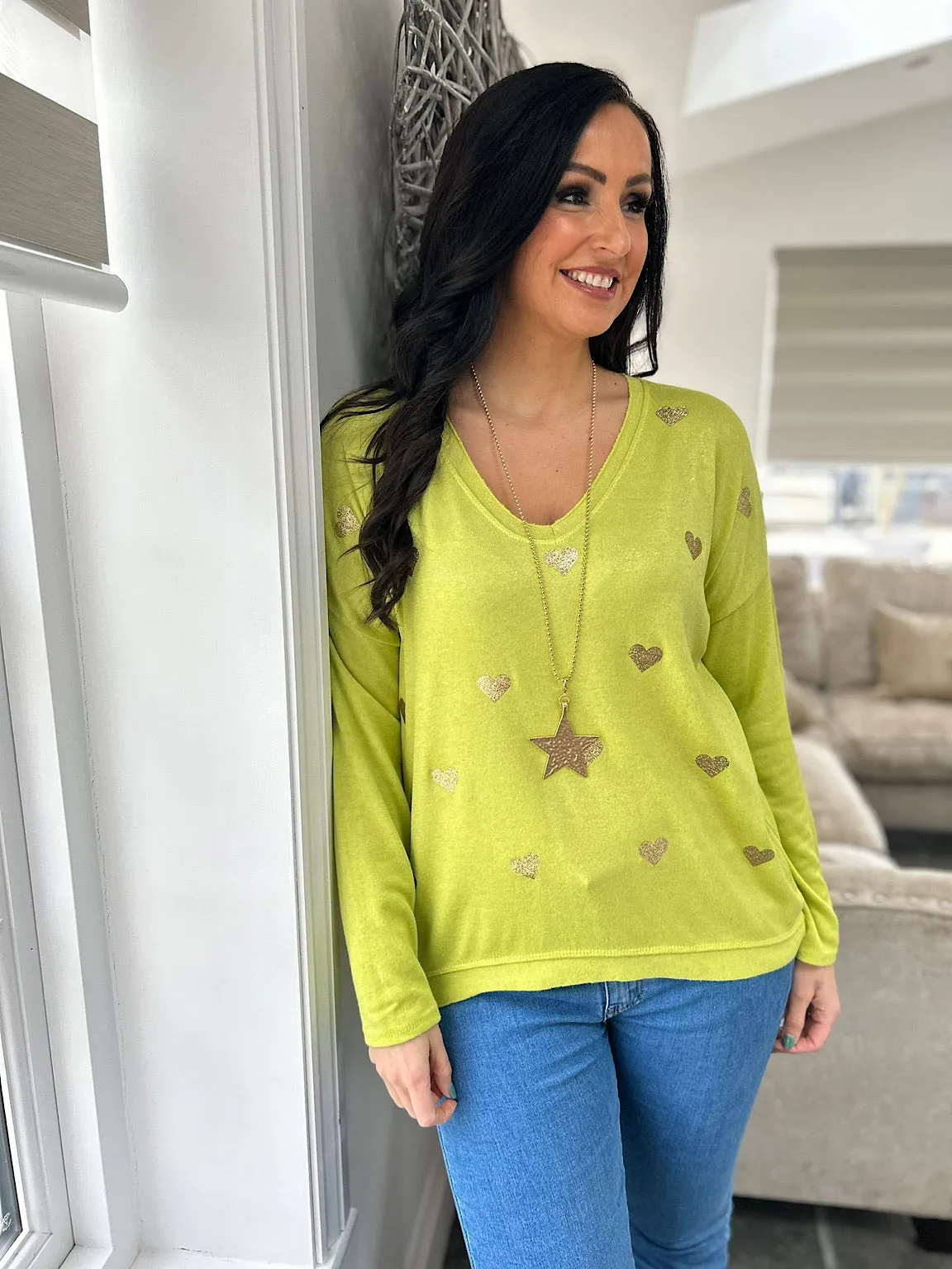 Lime Shimmer Heart V Neck Shona