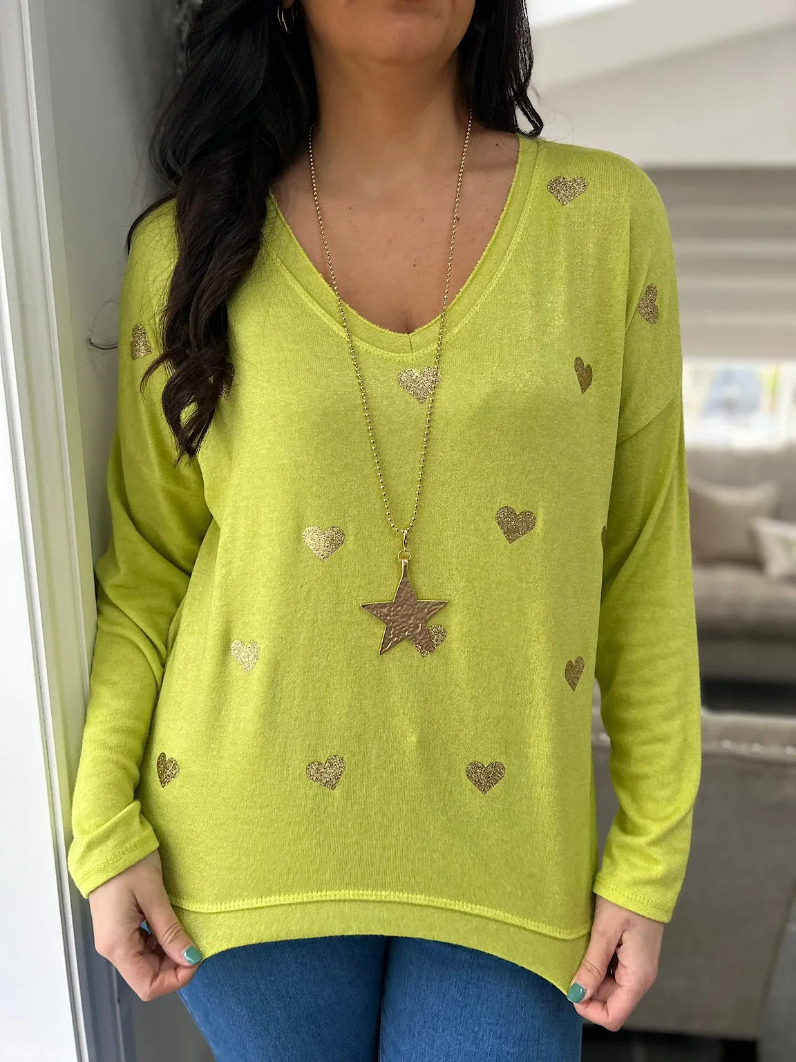 Lime Shimmer Heart V Neck Shona