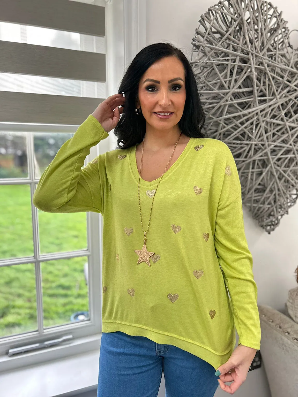 Lime Shimmer Heart V Neck Shona