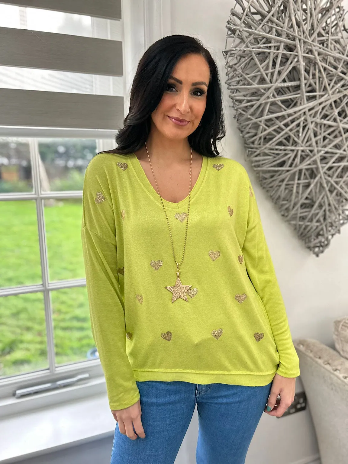 Lime Shimmer Heart V Neck Shona