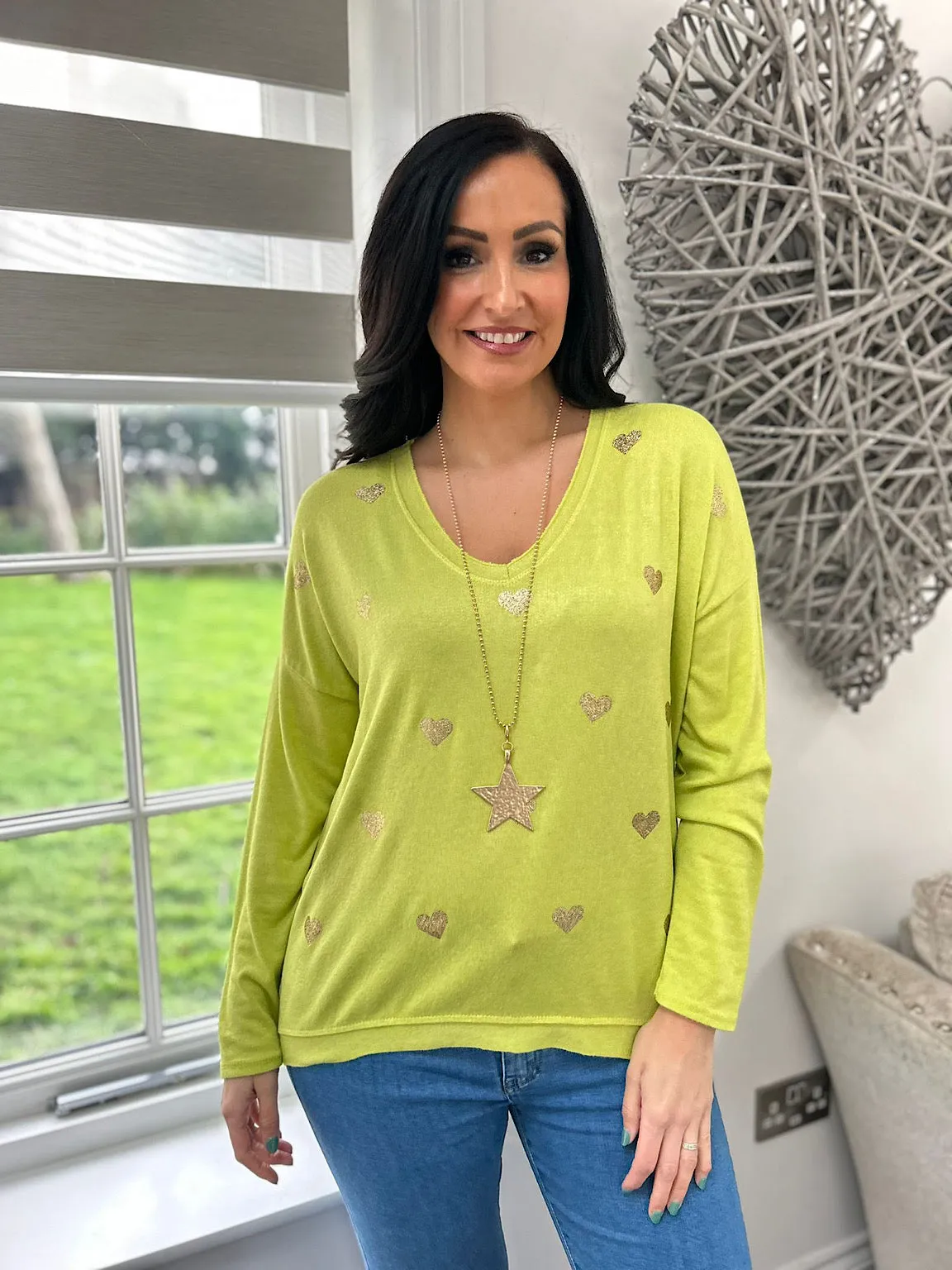 Lime Shimmer Heart V Neck Shona