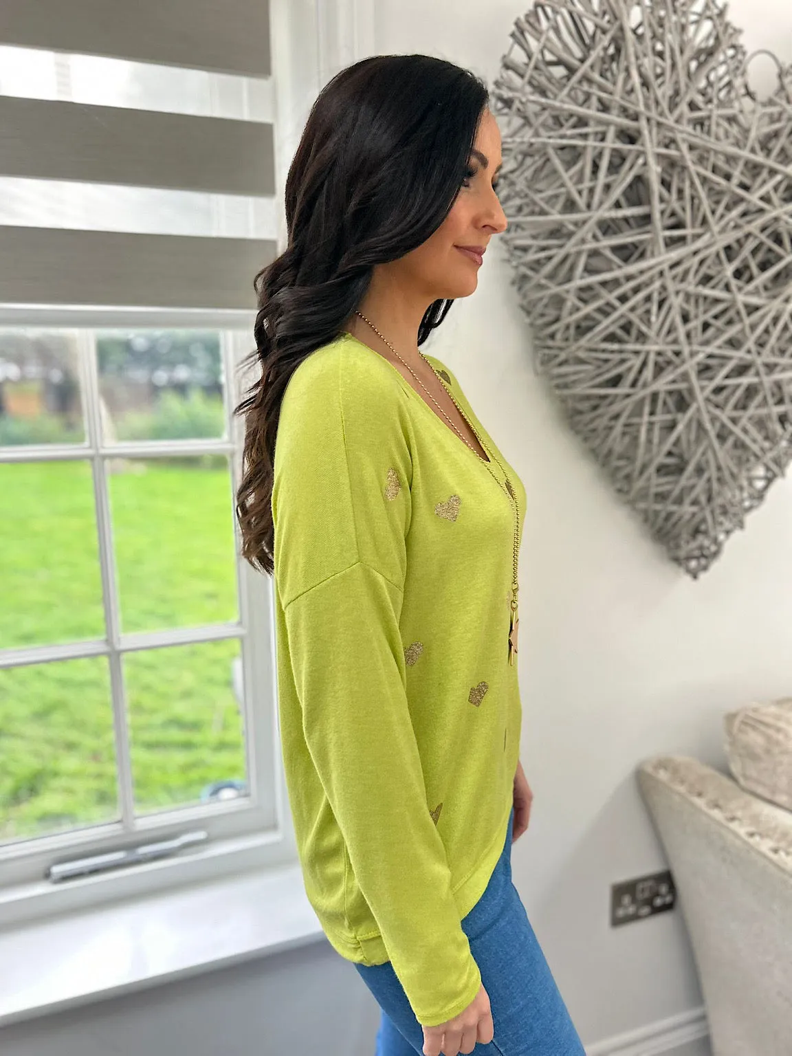 Lime Shimmer Heart V Neck Shona