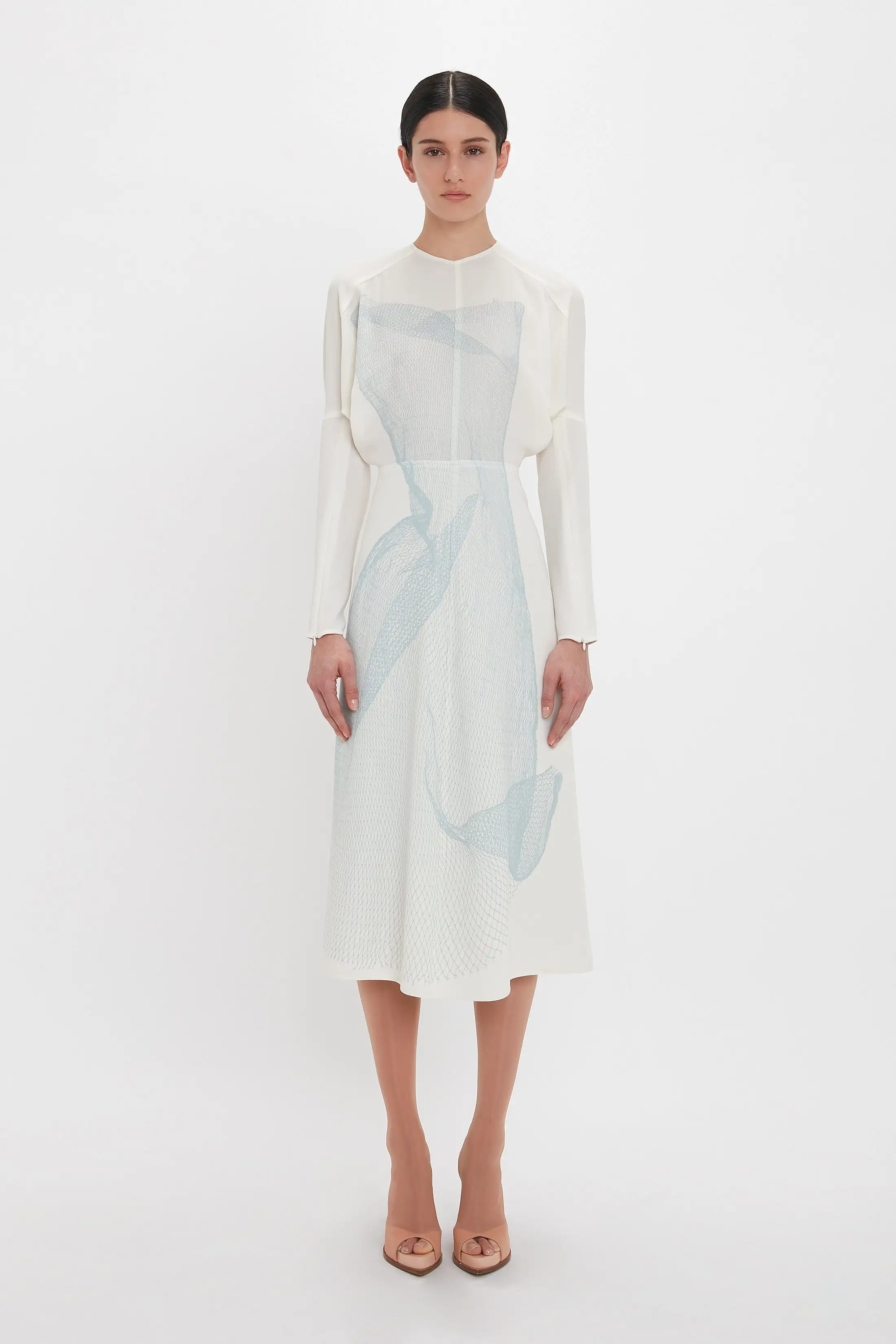 Long Sleeve Dolman Midi Dress In White-Blue Contorted Net