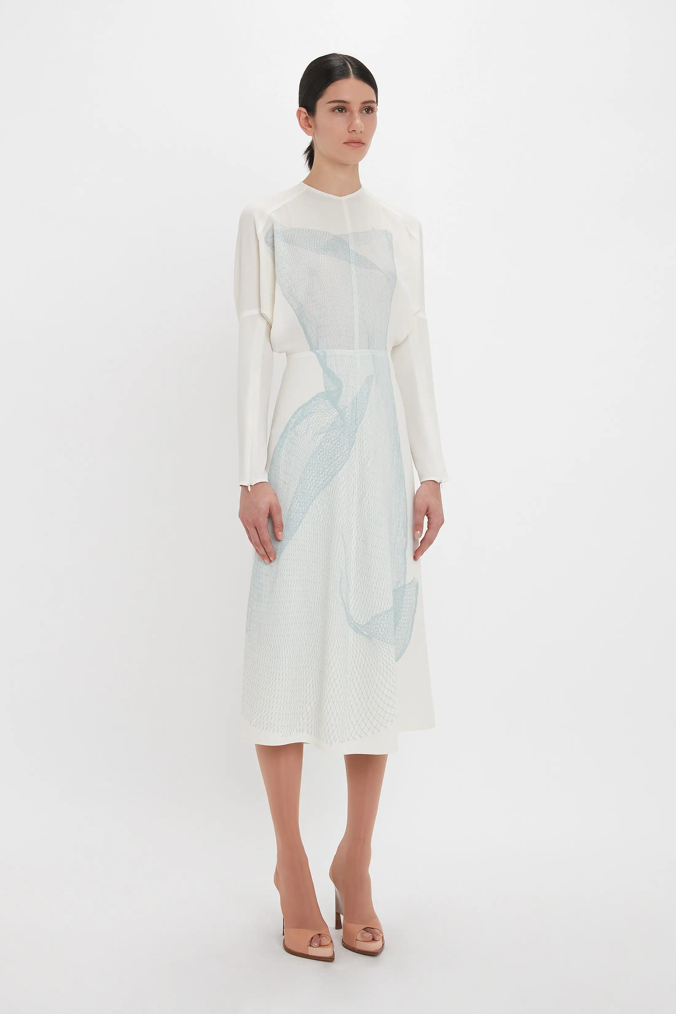 Long Sleeve Dolman Midi Dress In White-Blue Contorted Net