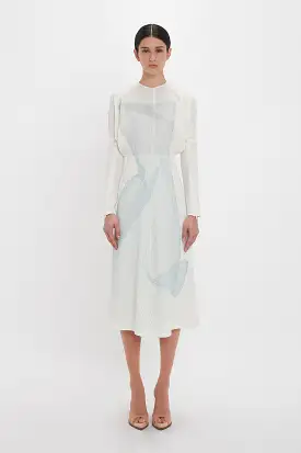 Long Sleeve Dolman Midi Dress In White-Blue Contorted Net