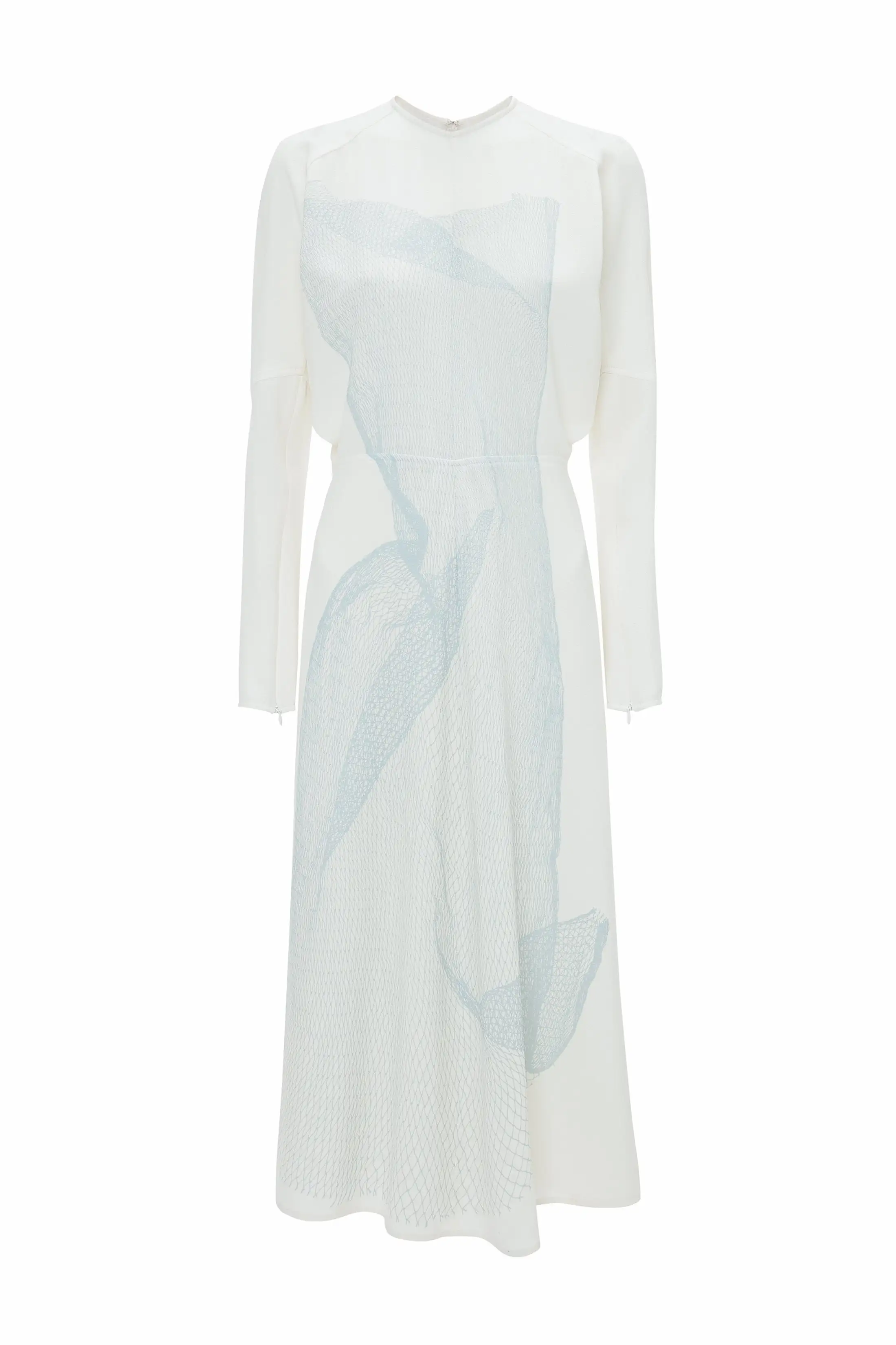 Long Sleeve Dolman Midi Dress In White-Blue Contorted Net