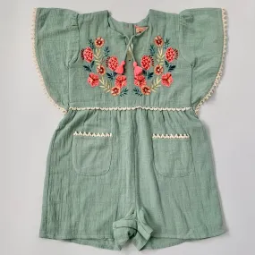 Louise Misha Teal Cotton Romper With Neon Embroidery: 8 Years