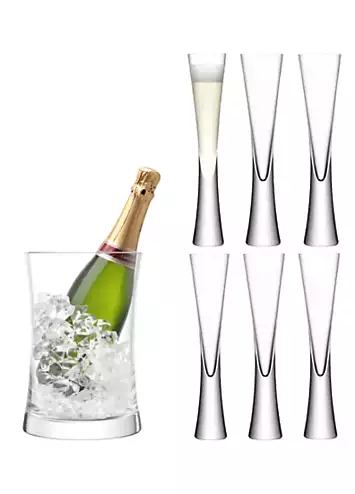 LSA Moya Set of 6 Clear Flute Glasses & Ice Bucket Serving Set | Kaleidoscope