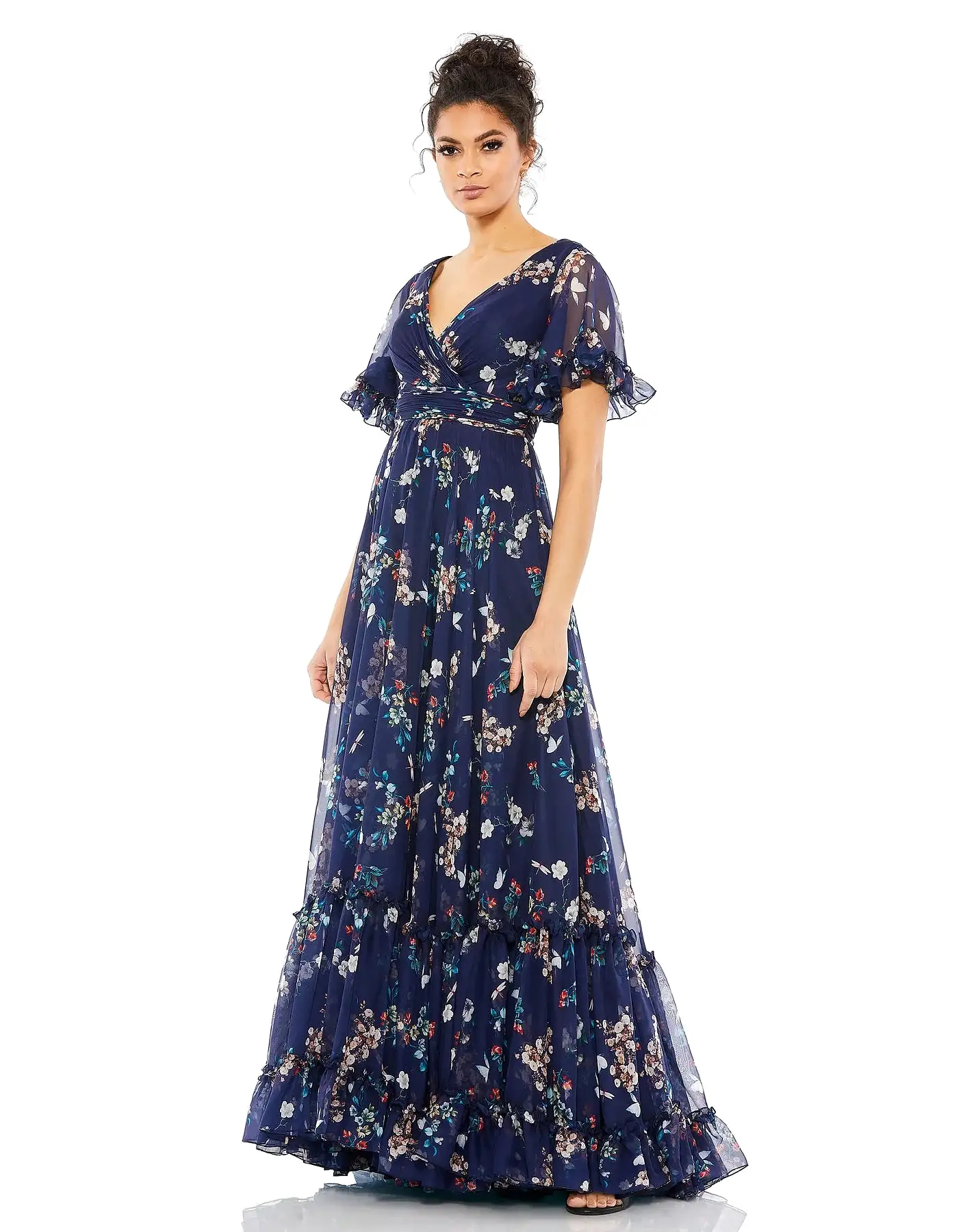 MAC DUGGAL Flounce Sleeve Floral Maxi Dress