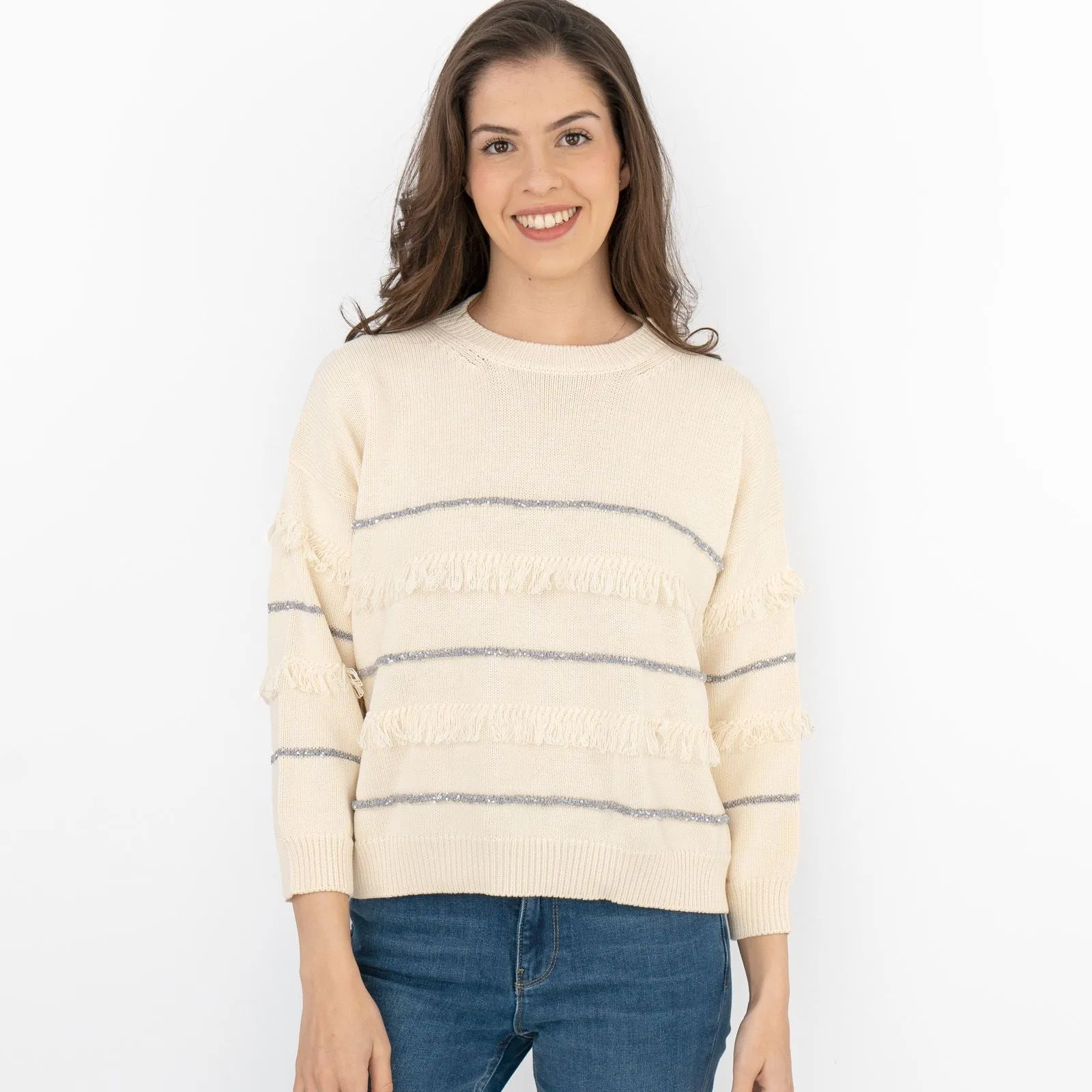 Max Mara Weekend Elfo Sweater White Cotton Blend Round Neck Long Sleeve Jumpers with Fringe Details