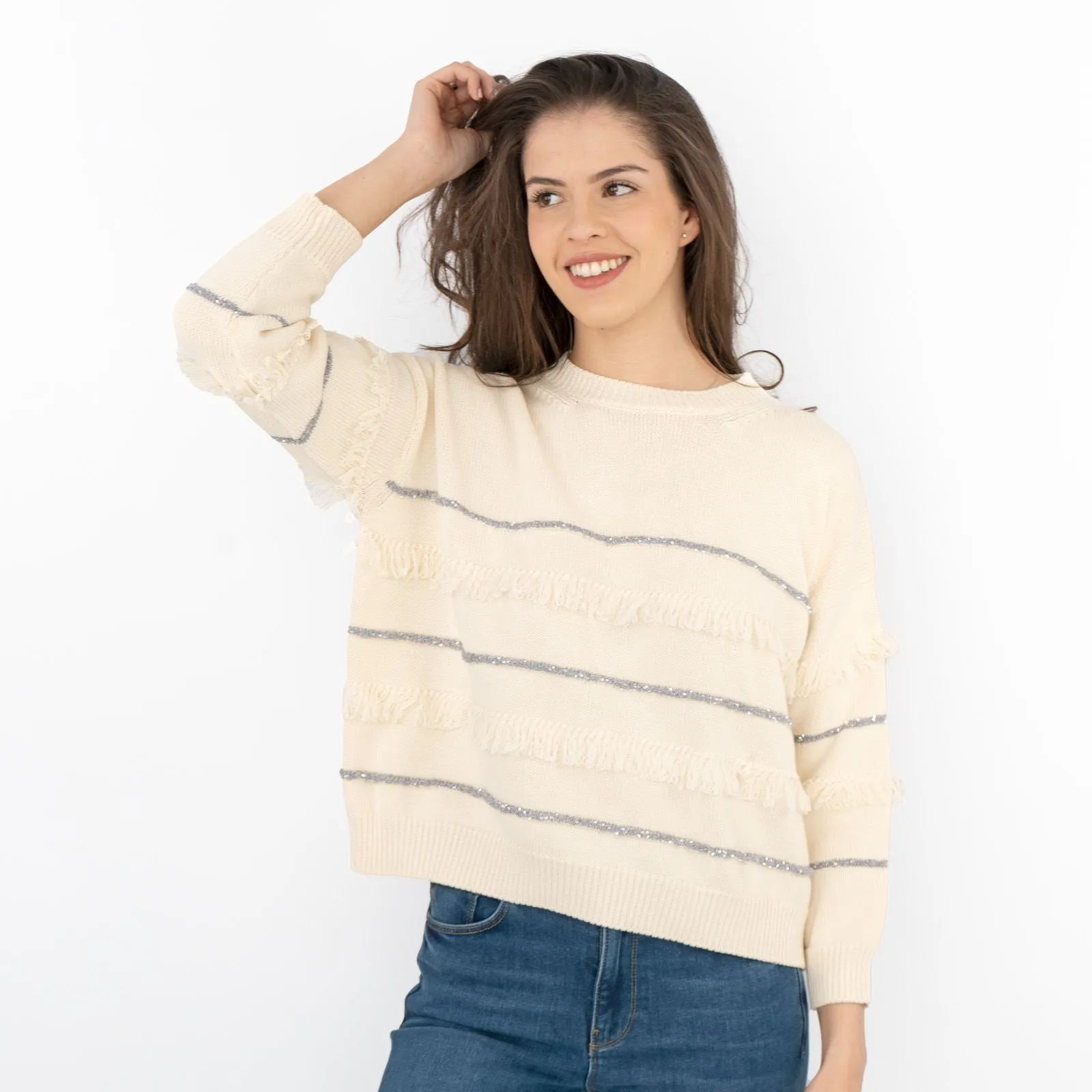 Max Mara Weekend Elfo Sweater White Cotton Blend Round Neck Long Sleeve Jumpers with Fringe Details