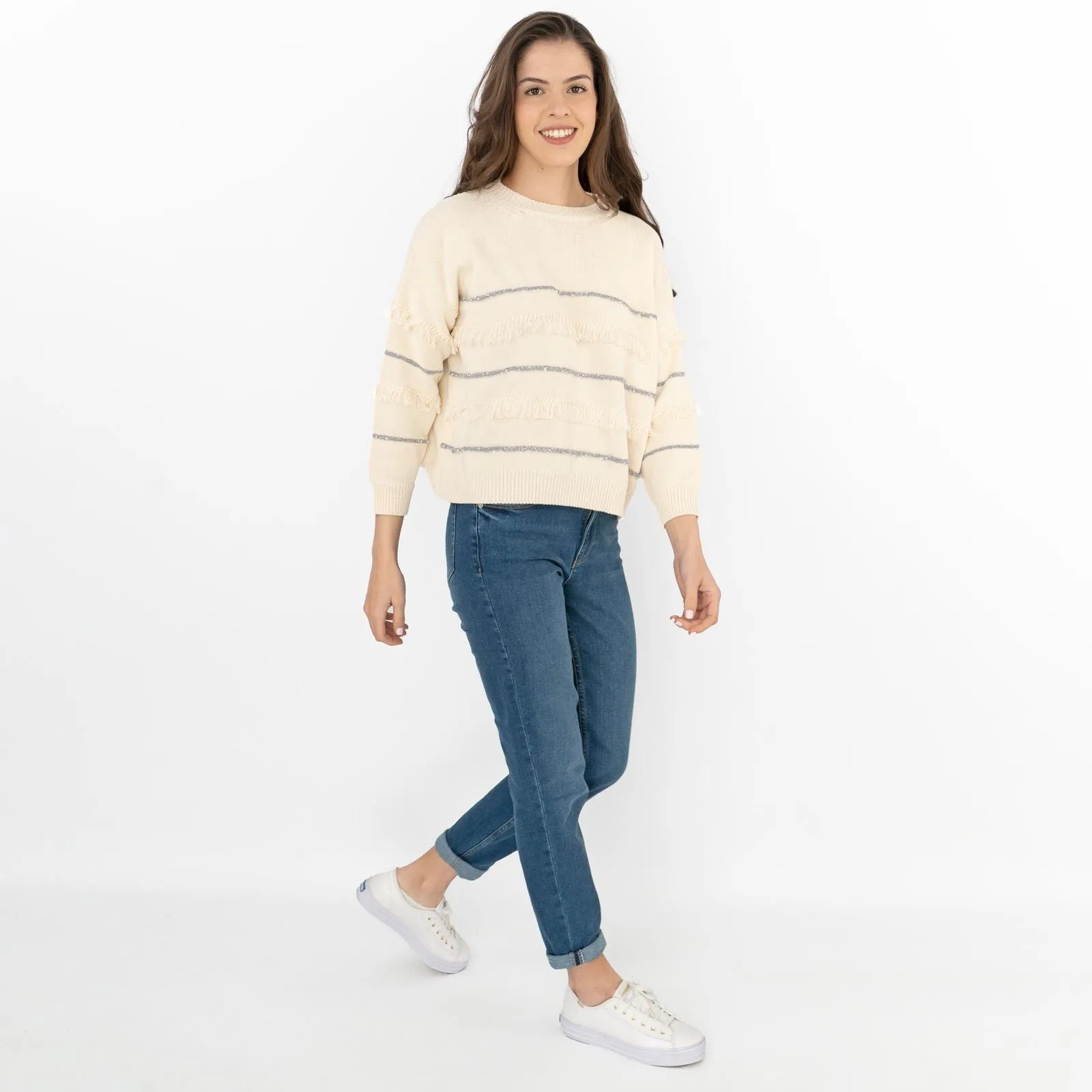 Max Mara Weekend Elfo Sweater White Cotton Blend Round Neck Long Sleeve Jumpers with Fringe Details