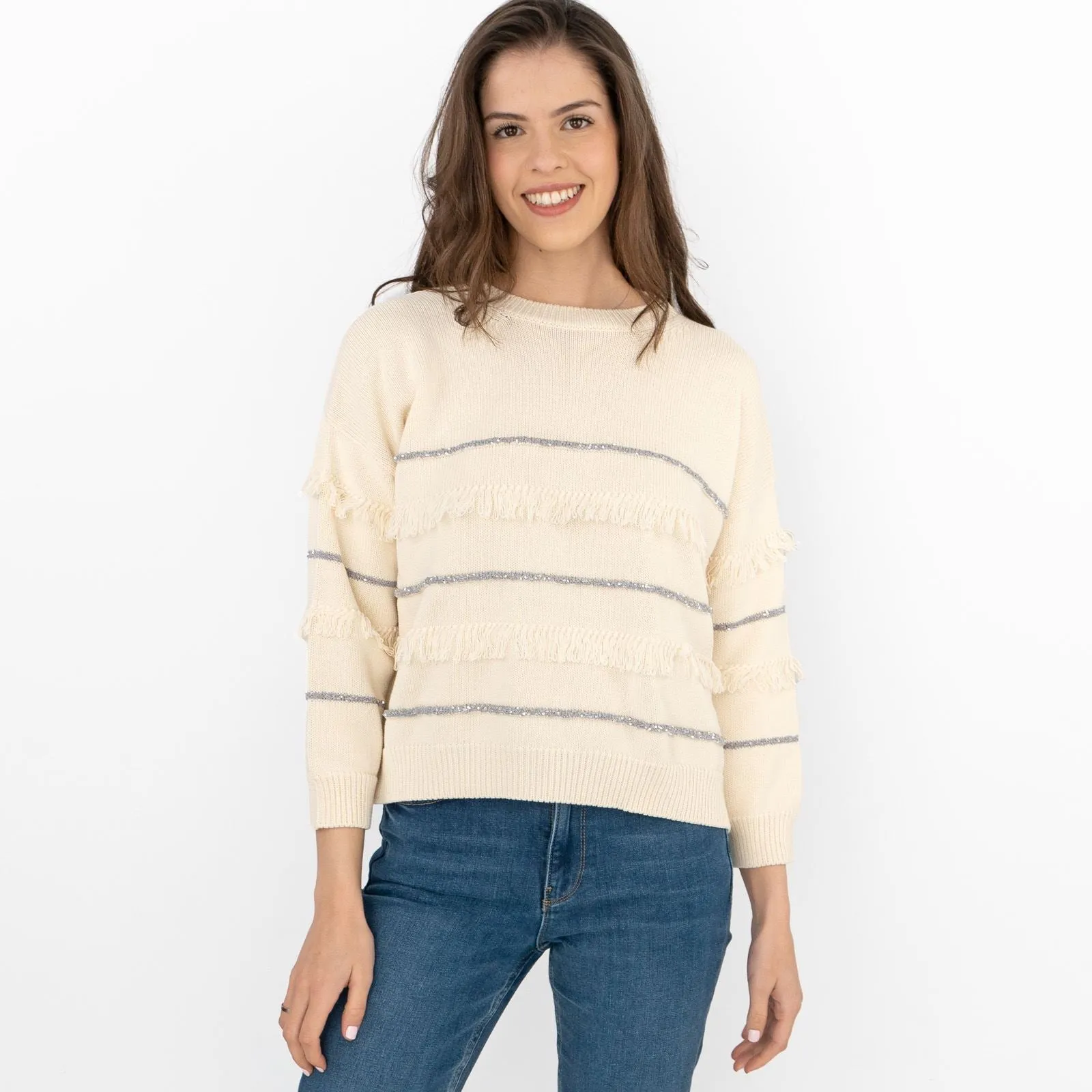 Max Mara Weekend Elfo Sweater White Cotton Blend Round Neck Long Sleeve Jumpers with Fringe Details