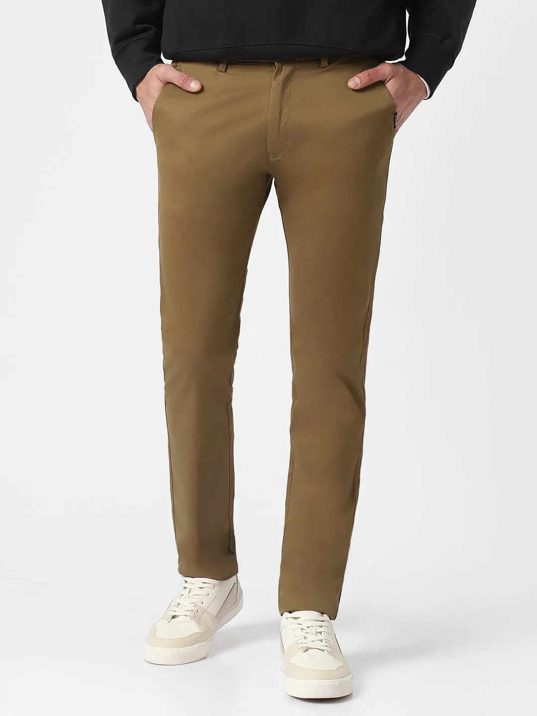 Men's Khaki Cotton Slim Fit Casual Chinos Trousers Stretch