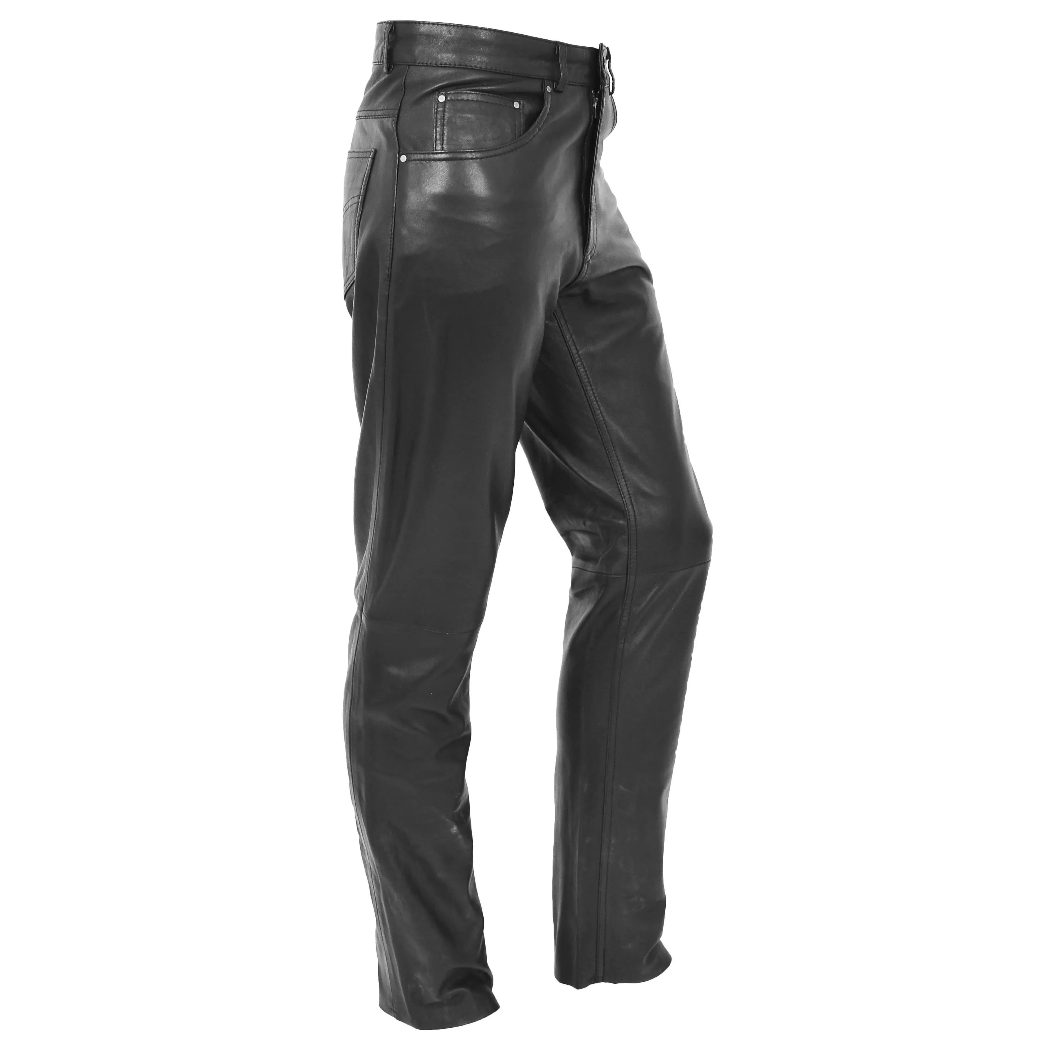 Mens Leather Trousers Straight Leg Classic Casual Jeans Black