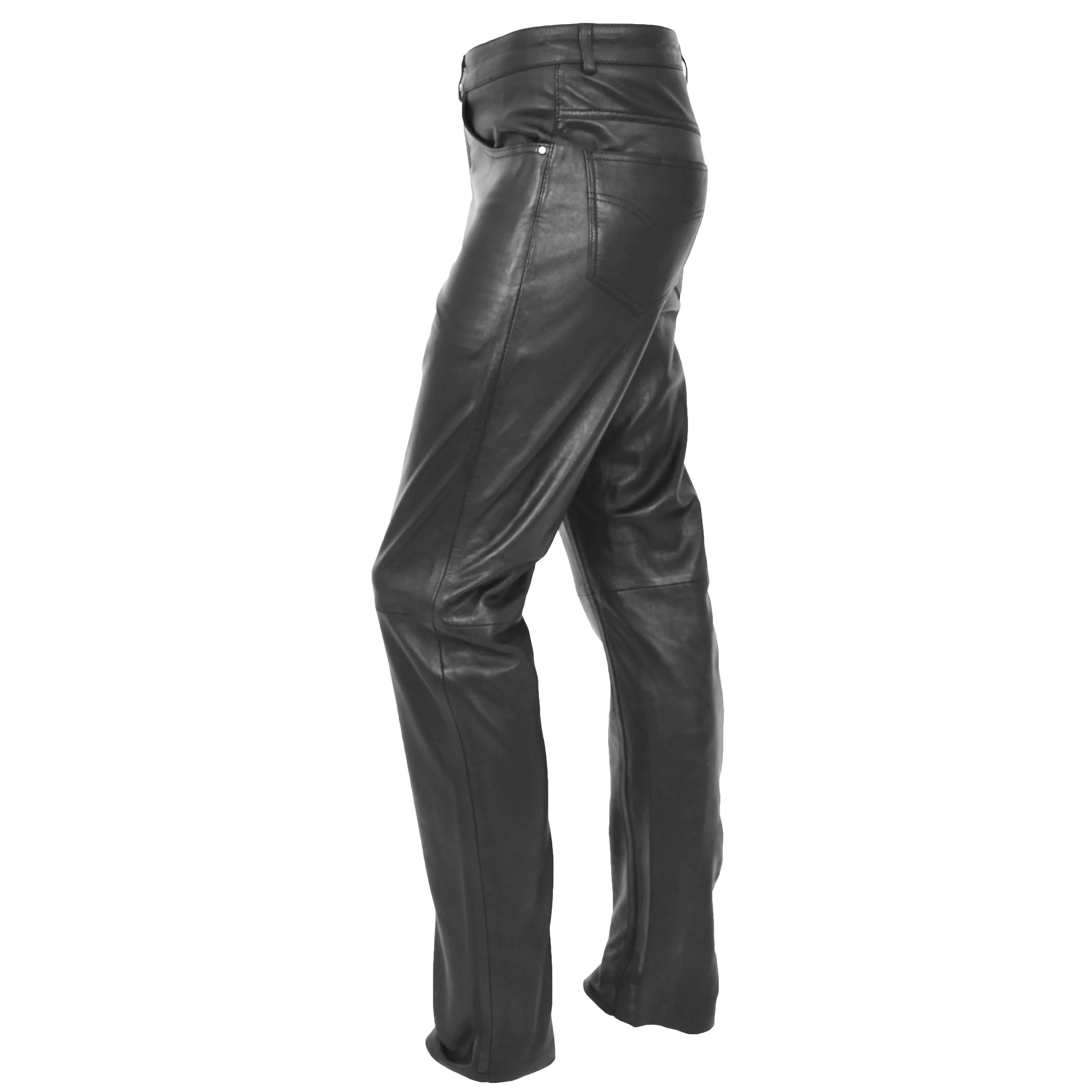 Mens Leather Trousers Straight Leg Classic Casual Jeans Black