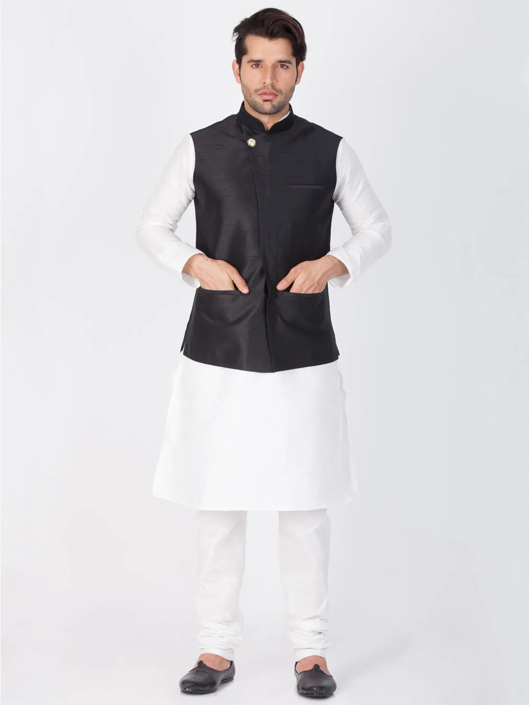 Men's White Cotton Silk Blend Kurta, Ethnic Jacket and Pyjama Set