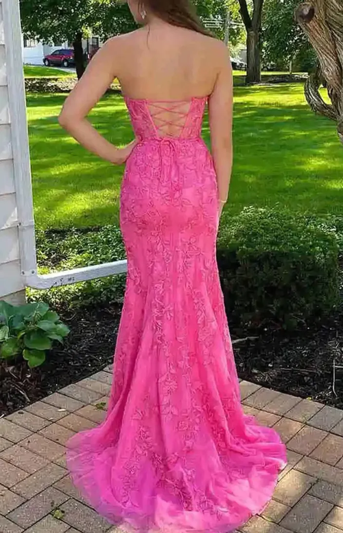 Mermaid Sweetheart Hot Pink Lace Appliques Prom Dresses