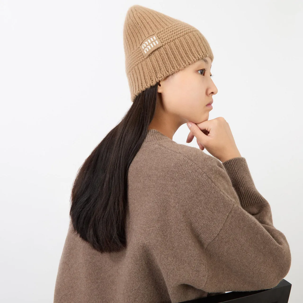 MIU MIU Rib-Knit Logo Beanie Hat - Cammello