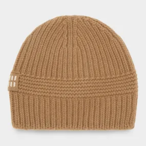 MIU MIU Rib-Knit Logo Beanie Hat - Cammello