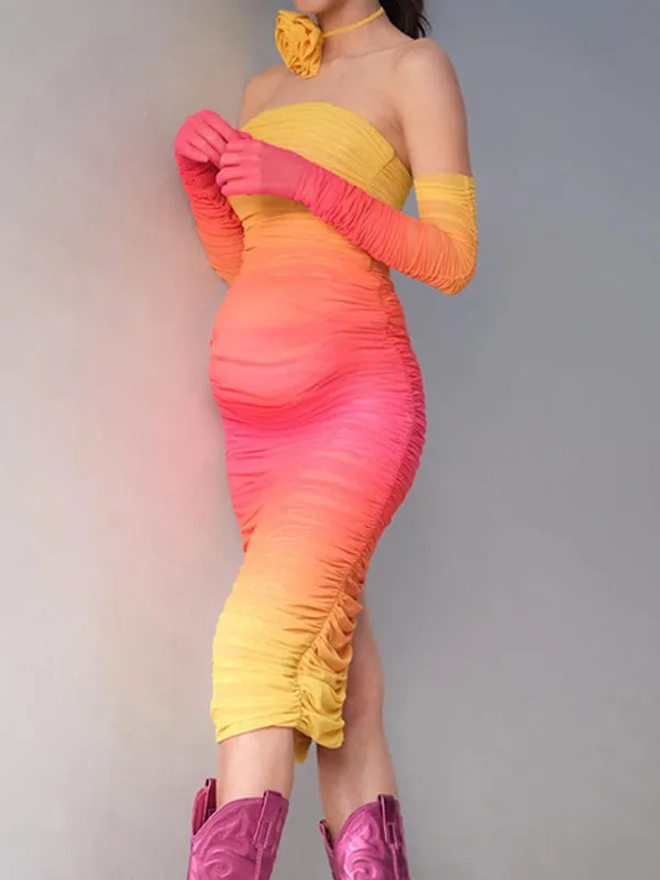 Momnfancy Elegant Gradient Color Hit Color Grenadine Ruffle Bodycon Party Maternity Babyshower Maxi Dress