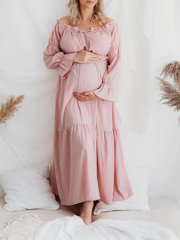 Momnfancy Pink 2-in-1 Bandeau Ruched Crop Flowy Photoshoot Maternity Maxi Dress