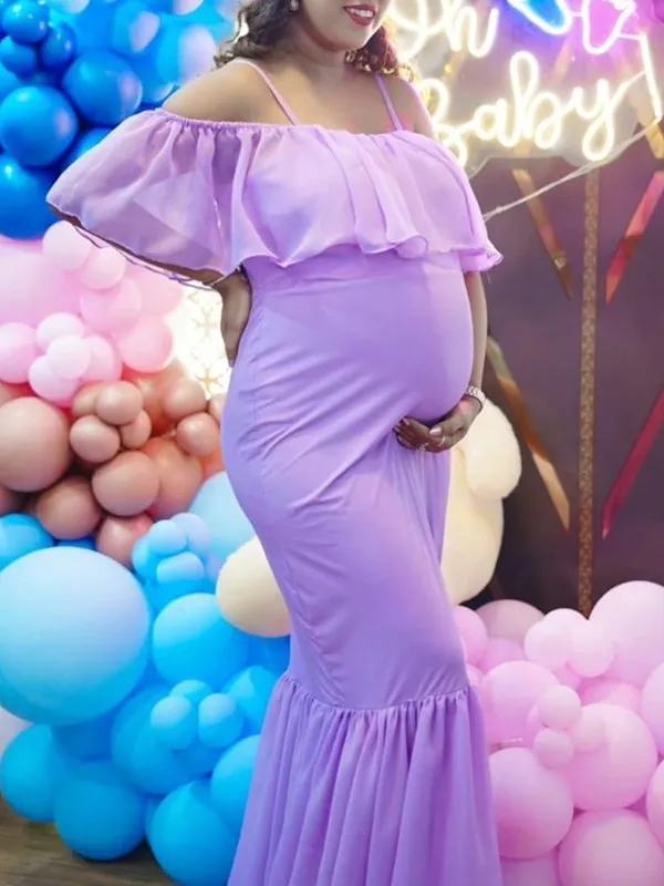 Momnfancy Purple Off Shoulder Ruffle Fishtail Big Swing Photoshoot Elegant Maternity Maxi Dress