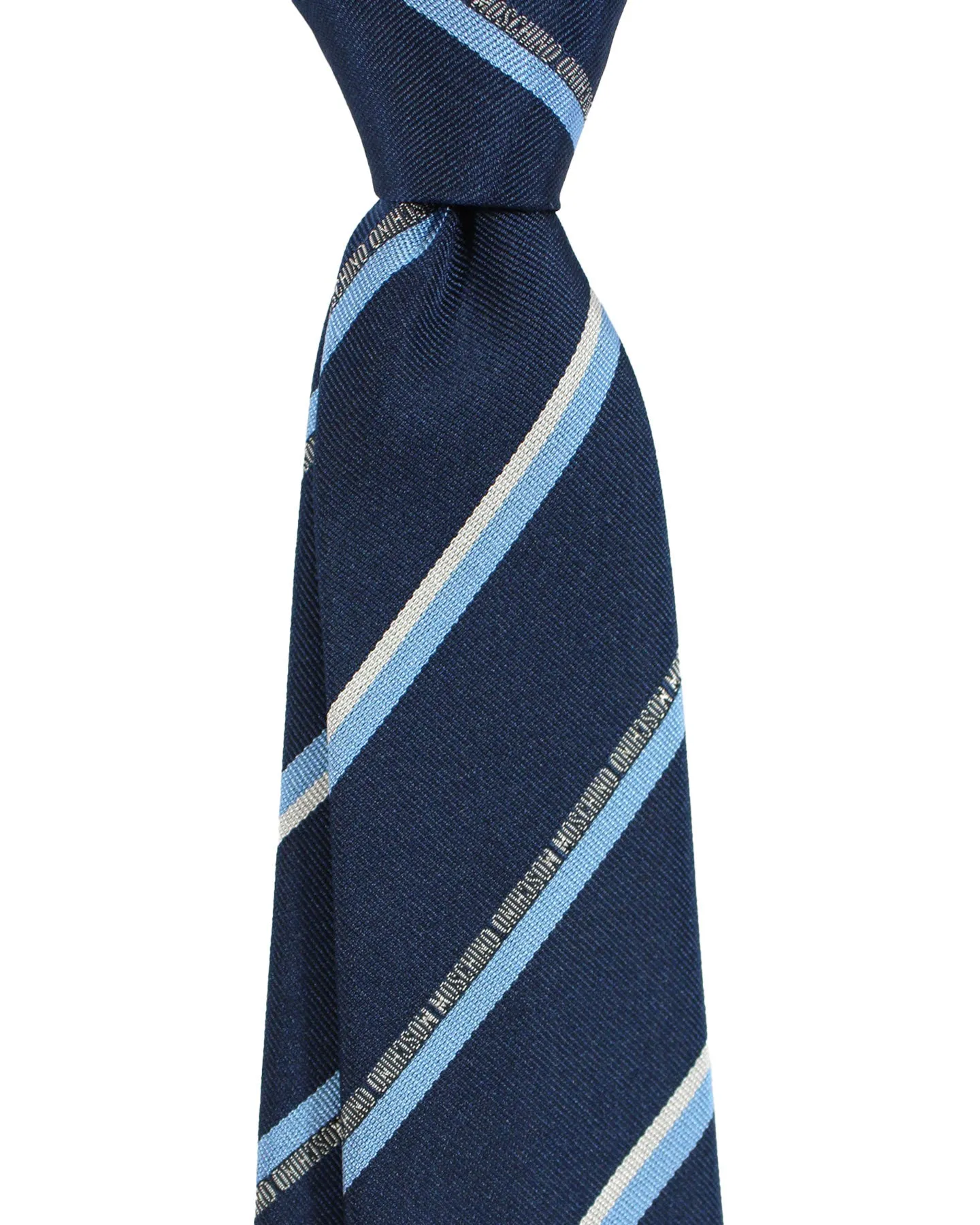 Moschino Tie Navy Blue Logo Stripes - Designer Necktie FINAL SALE