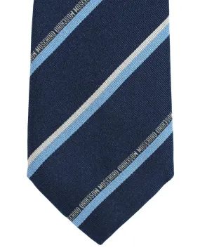 Moschino Tie Navy Blue Logo Stripes - Designer Necktie FINAL SALE