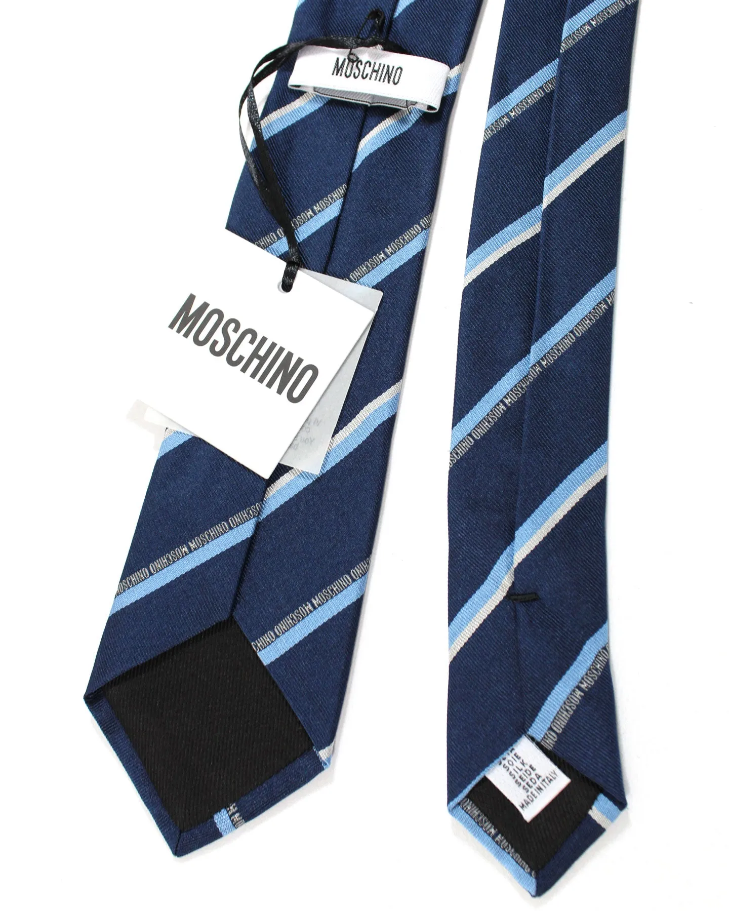 Moschino Tie Navy Blue Logo Stripes - Designer Necktie FINAL SALE