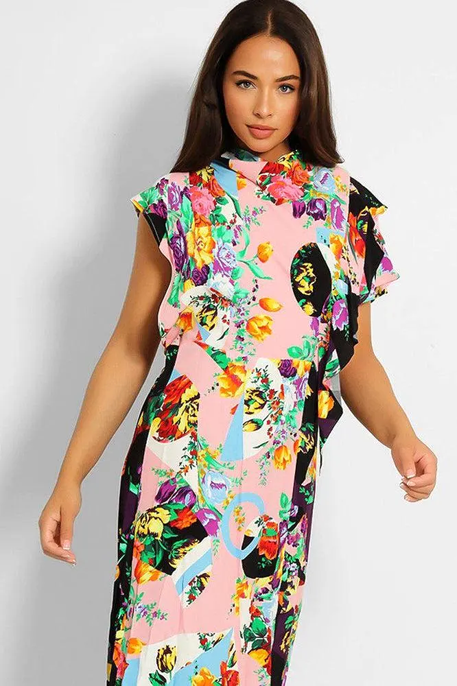 Multicolour High Neck Cowl Back Day Dress