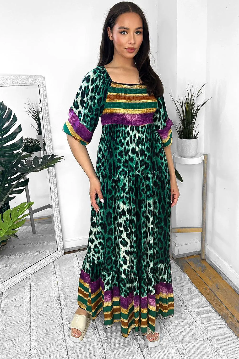 Multicolour Leopard Print Milkmaid Maxi Dress