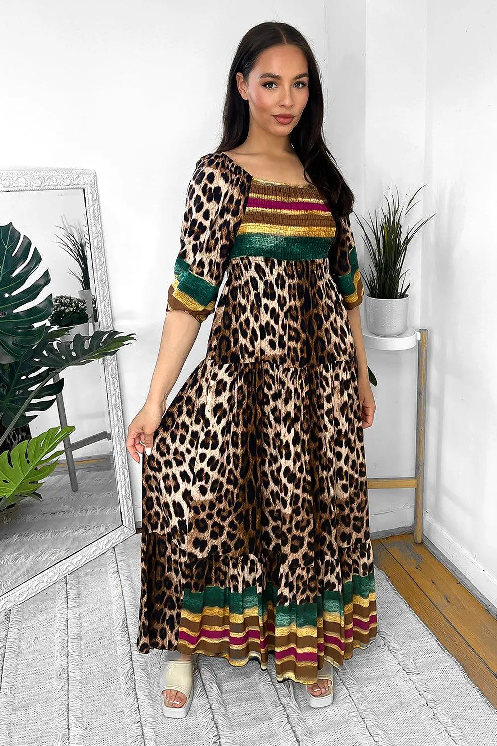 Multicolour Leopard Print Milkmaid Maxi Dress