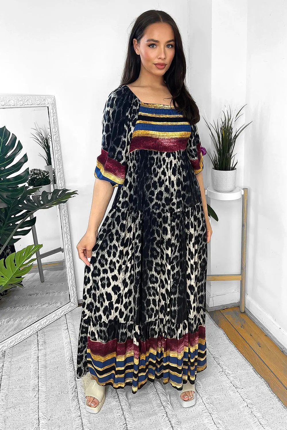 Multicolour Leopard Print Milkmaid Maxi Dress