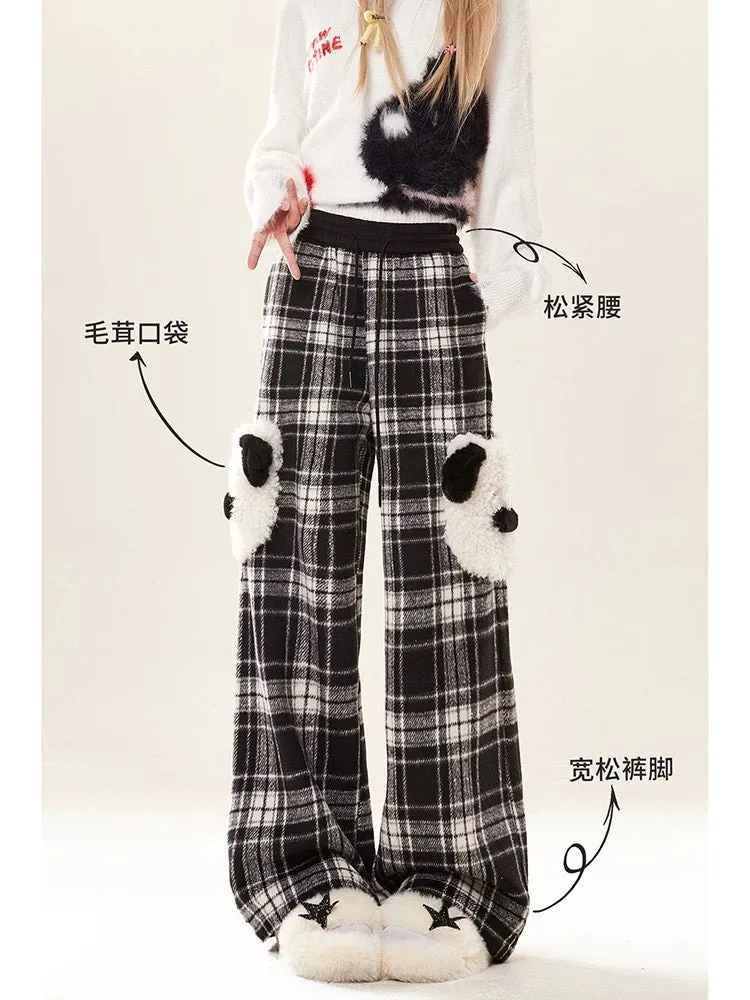 Natural furry pocket loose casual plaid trousers for women in autumn and winter with cute design wide-leg straight trousers