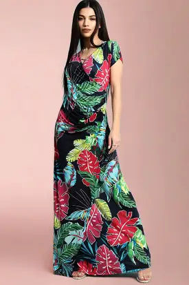 Navy Blue Large Tropical Leaves Print Maxi Slinky Dress