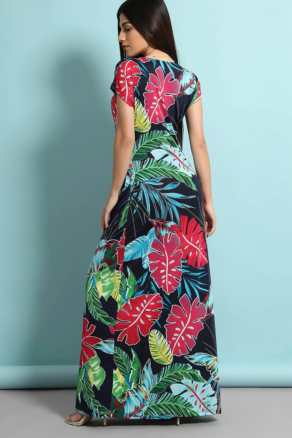 Navy Blue Large Tropical Leaves Print Maxi Slinky Dress