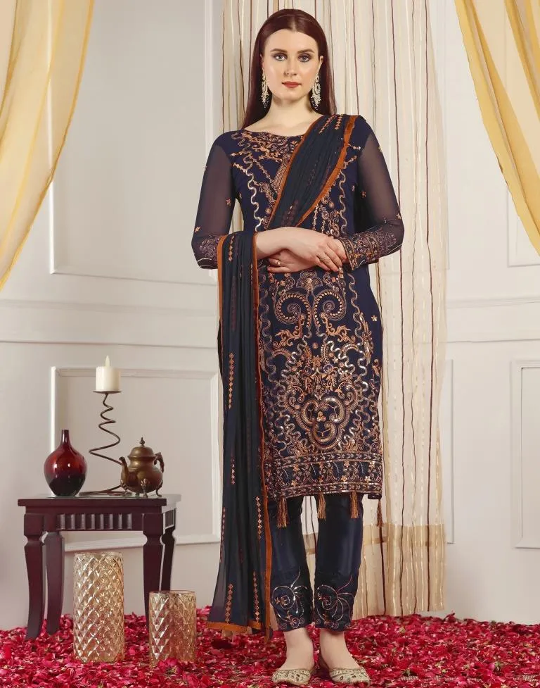 Navy Blue Plain Georgette Unstitched Salwar Suit Material